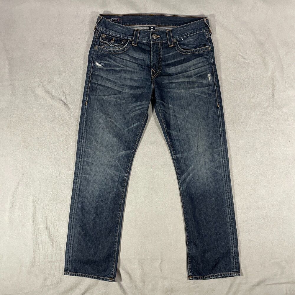 True Religion Mens Sz 34x32 Blue Jeans Ricky Relaxed Straight Flap Pockets Pants